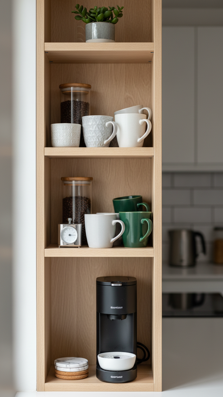 Compact vertical shelving coffee bar with single-serve coffee maker and space-saving mug organization