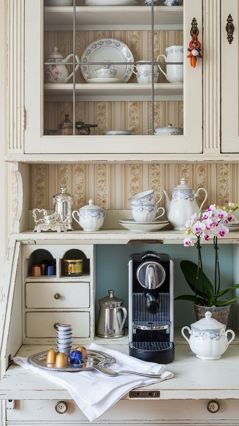 Compact vintage coffee station in antique hutch with espresso machine, porcelain teacups, and soft cream and gold wallpaper backdrop