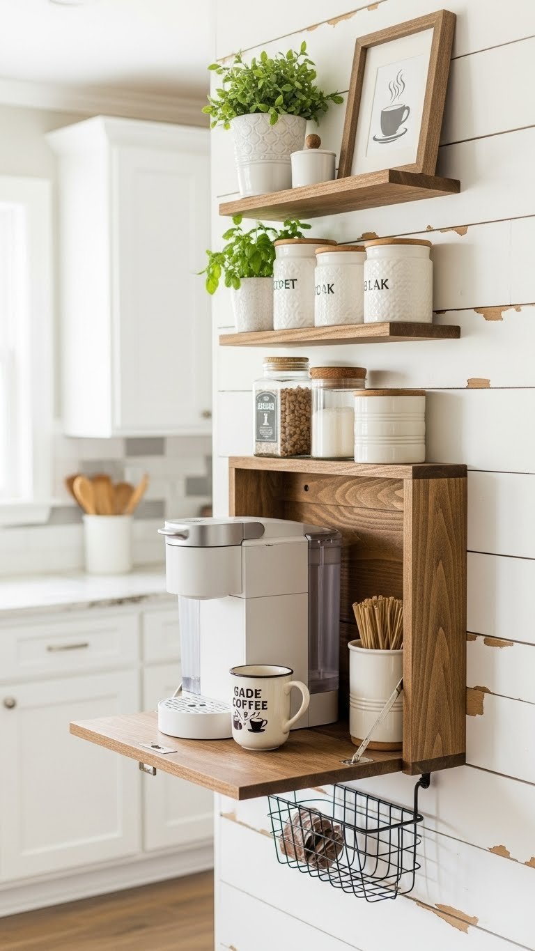 Compact wall-mounted fold-down coffee bar with single-serve machine on distressed white shiplap wall