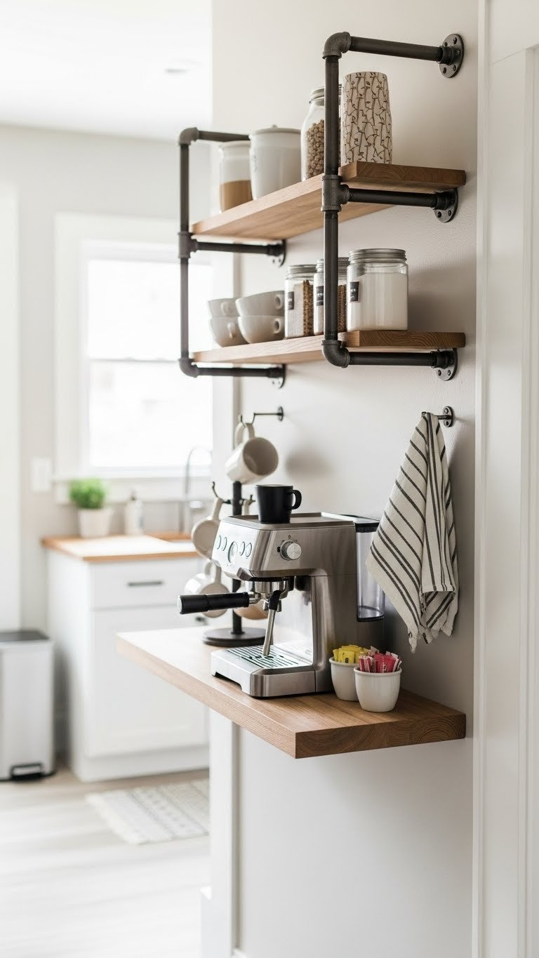 Compact wall-mounted industrial coffee bar with floating shelves and metal pipe shelving for space efficiency