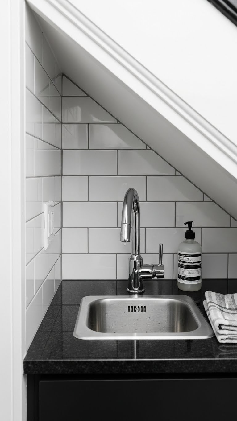 Compact wet bar under staircase with stainless steel sink, chrome faucet, and subway tile backsplash.