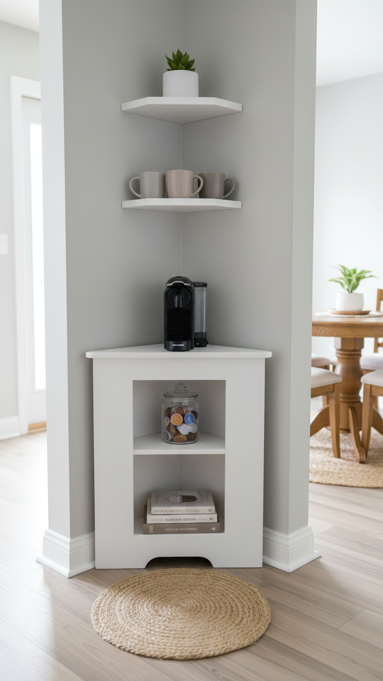 Compact white corner cabinet coffee bar with single-serve machine and floating shelves in small dining room