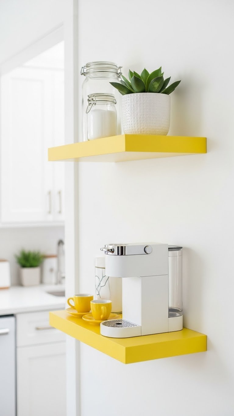 Compact yellow floating shelf micro coffee bar with single-serve coffee maker and espresso cups