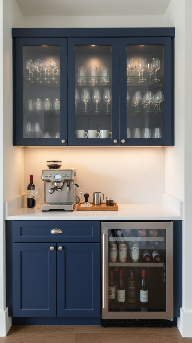 Complete beverage station with built-in coffee bar, mini fridge, and espresso machine on navy blue cabinetry