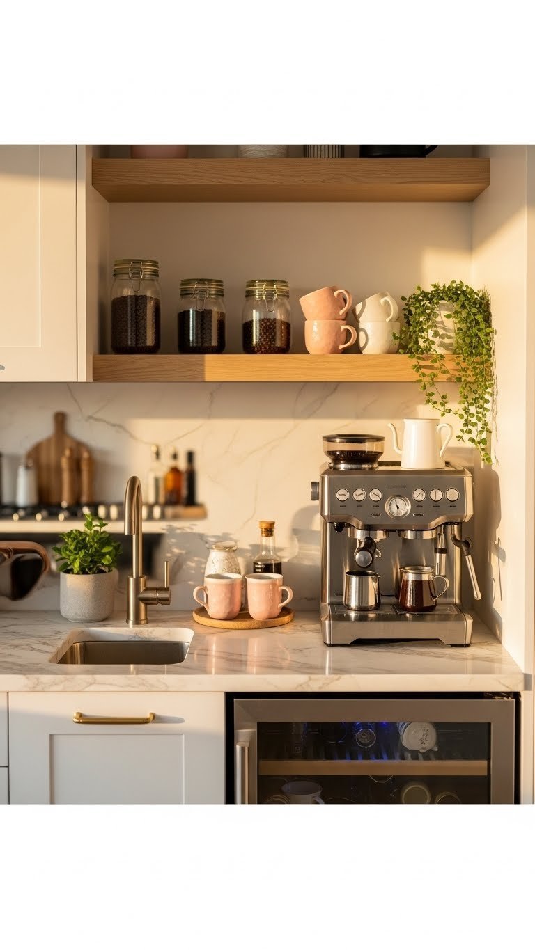 Complete coffee bar setup with built-in sink, mini fridge, espresso machine, and coffee accessories on marble countertop