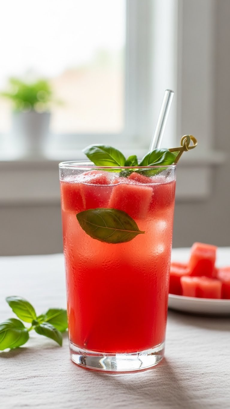 Condensation-beaded glass of ruby red watermelon basil refresher with fresh watermelon cubes and basil leaves