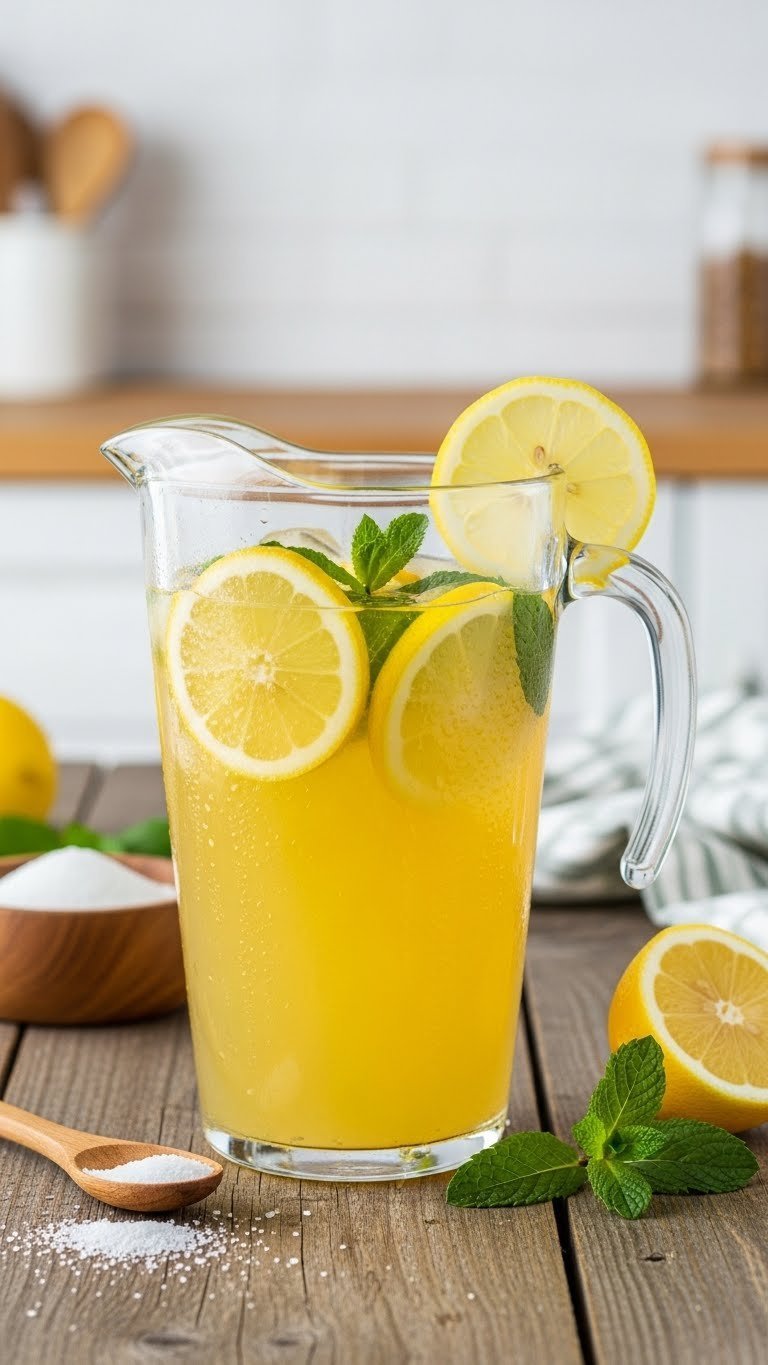 Condensation-beaded glass pitcher filled with golden-yellow homemade lemonade garnished with lemon slices and mint sprigs on rustic wooden table