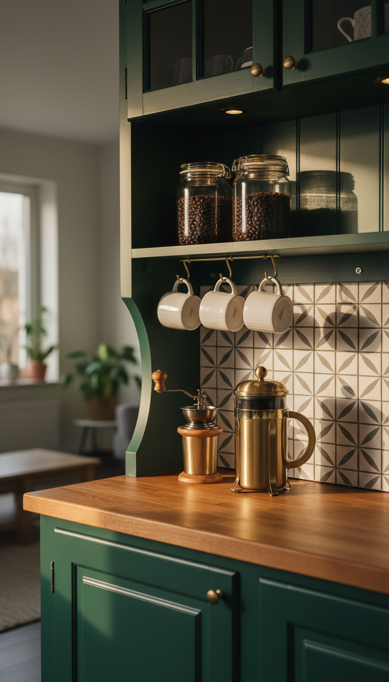 Converted china cabinet coffee station with dark green hutch, French press, and peel-and-stick tile backdrop