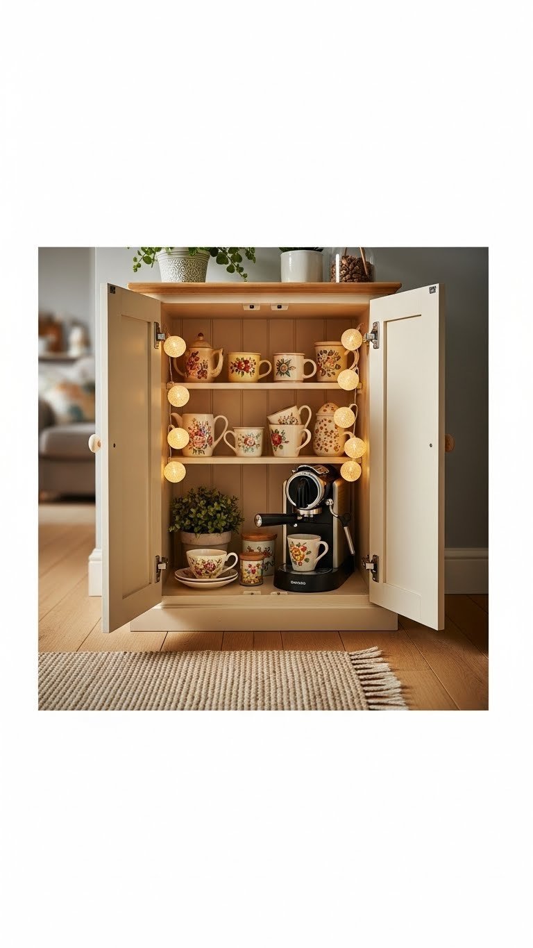 Converted closet nook with espresso machine, floral-patterned ceramic mugs, and fairy lights on painted shelves