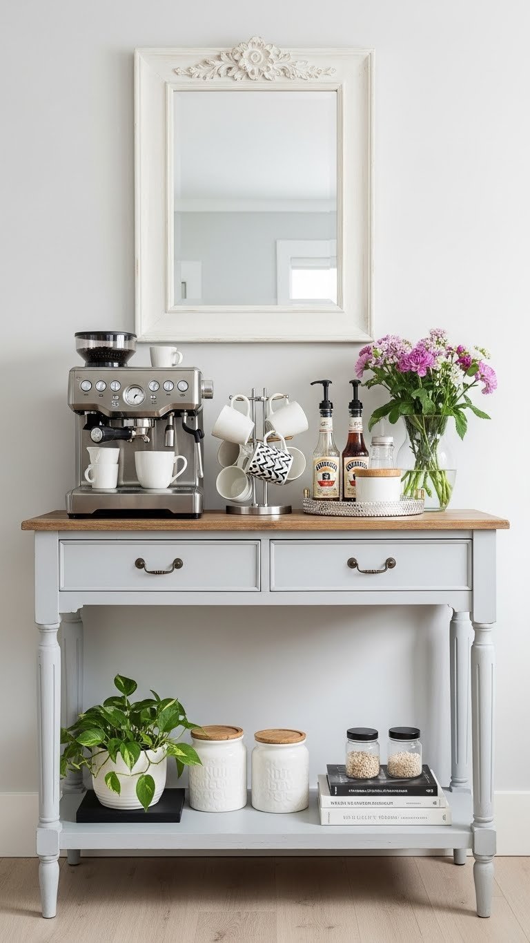 Converted console table coffee station with espresso machine, mug rack, and syrup dispensers on wooden floor