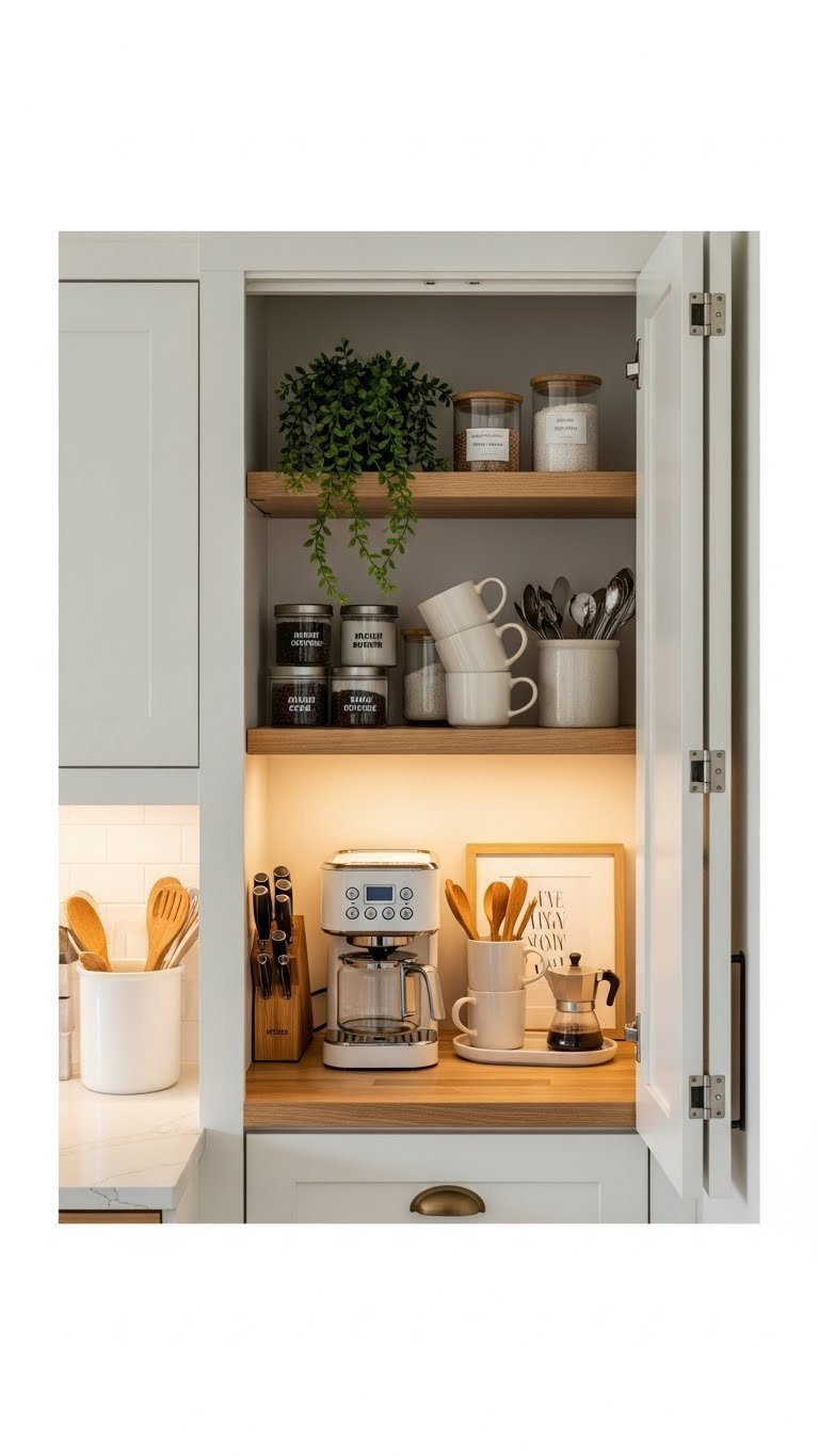 Converted pantry coffee bar with bi-fold doors revealing compact coffee maker, stacked mugs, and accessories on wooden shelves.