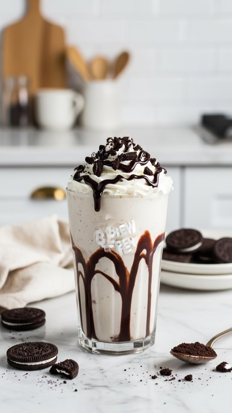 Cookies N' Cream Dream Chiller with whipped cream and cookie pieces on marble countertop