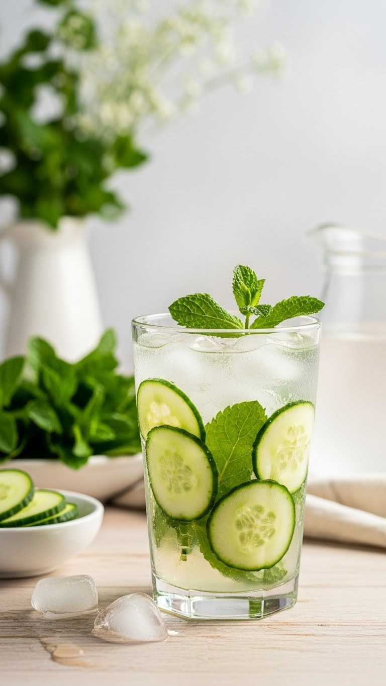 Cool Cucumber Mint Cooler with cucumber slices and mint leaves in tall glass on light table