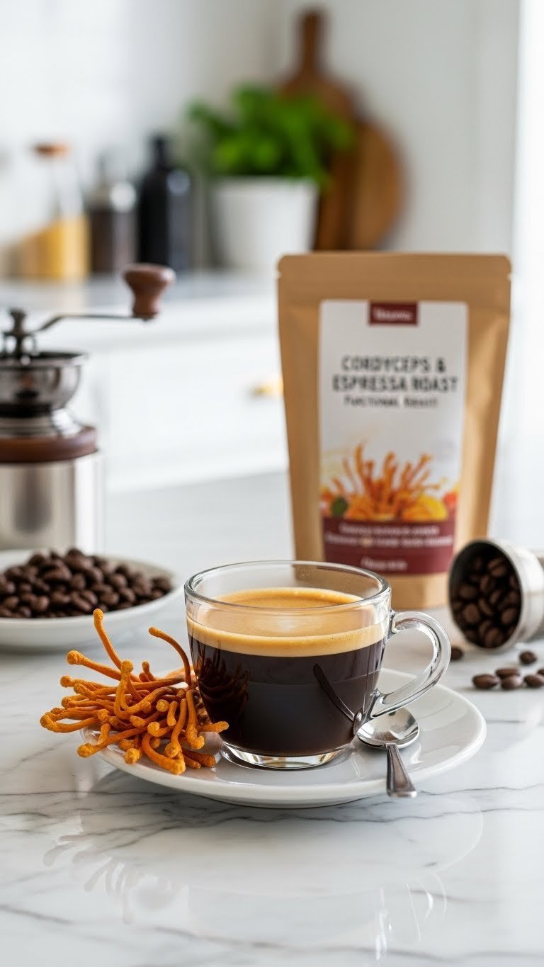 Cordyceps mushroom espresso roast with golden crema and whole mushrooms on polished marble countertop