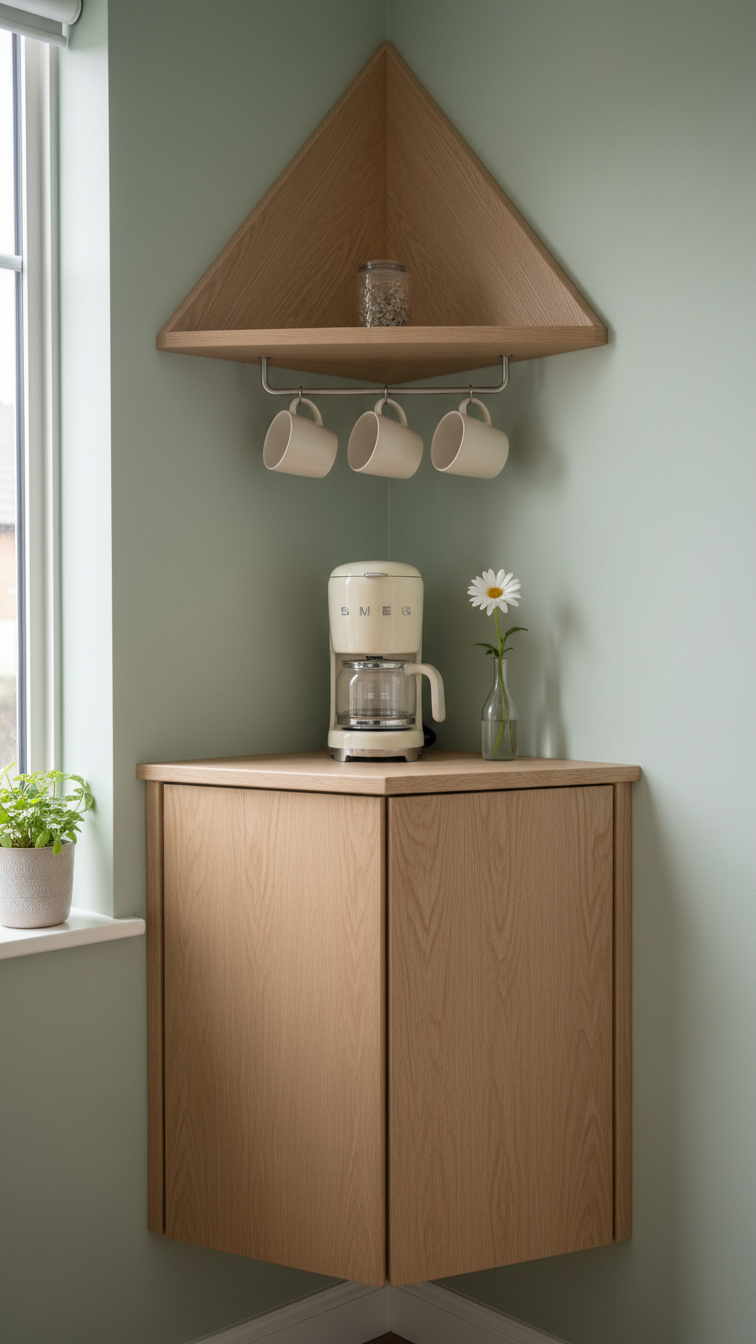 Corner coffee bar with triangular oak floating cabinet and retro-style Smeg coffee maker on sage green wall