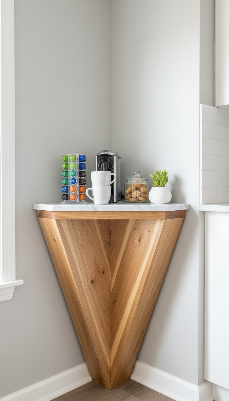 Corner coffee cart with wedge-shaped design holding Nespresso machine and colorful pods in kitchen corner.