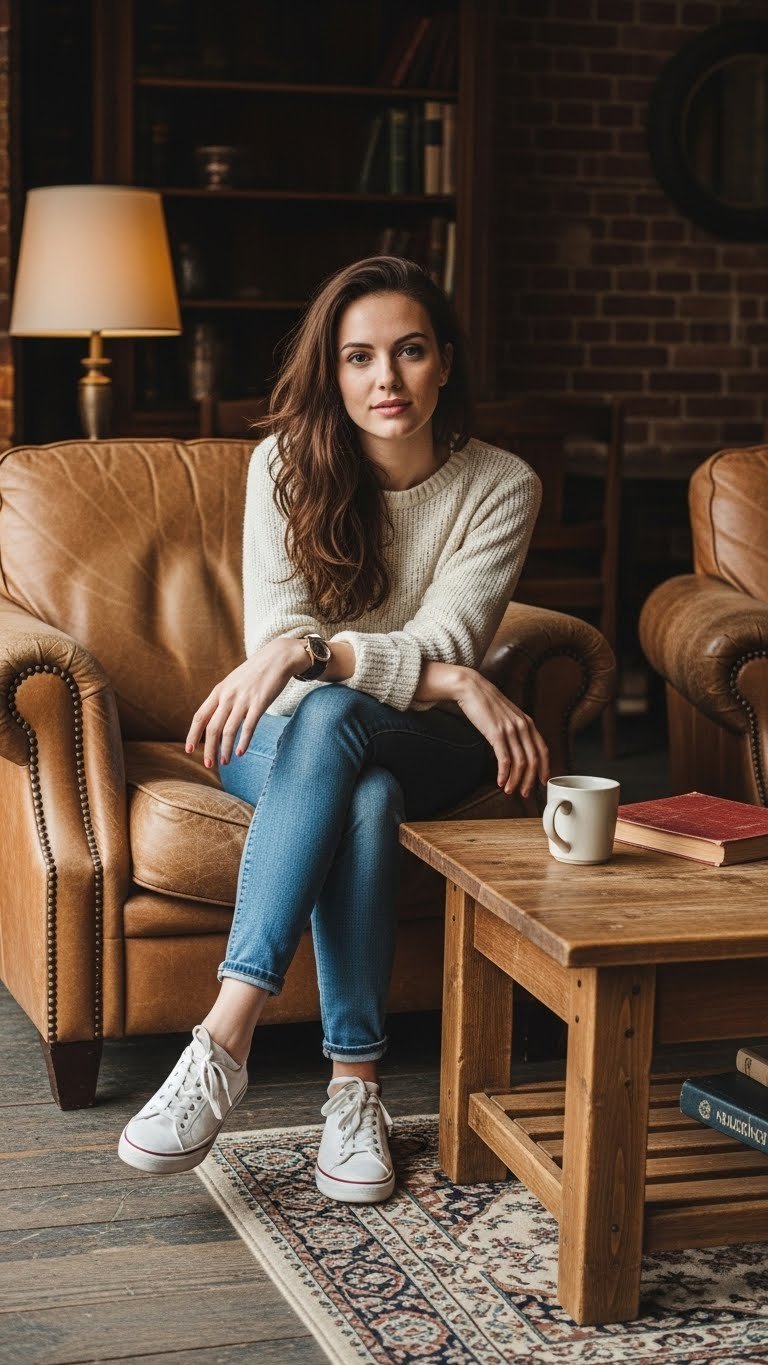 Cozy 90s coffee shop interior with mismatched leather armchairs and chunky wooden coffee table on distressed floor with brick wall background