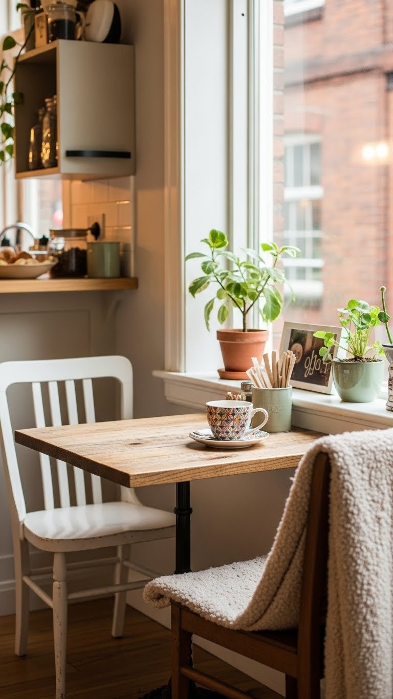 Cozy Bloxburg cafe corner with warm lighting, rustic wooden barista counter, and soft natural window light creating inviting atmosphere