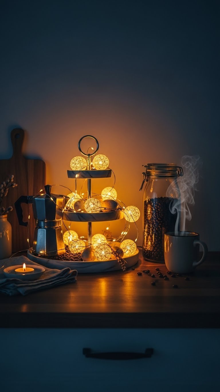 Cozy Easter coffee bar with fairy lights creating warm ambient lighting around tiered tray decor