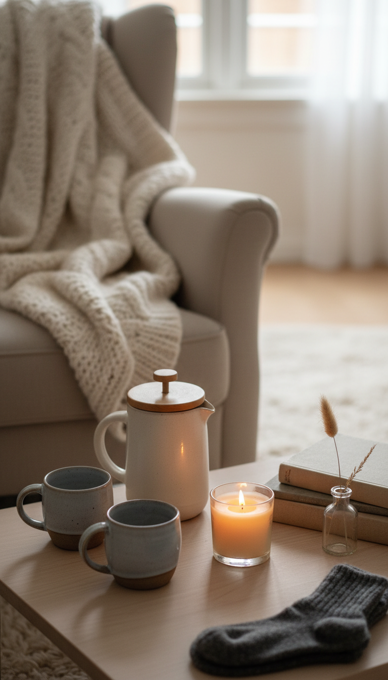 Cozy Hygge-inspired coffee spot with ceramic French press and handmade mugs on light wood surface