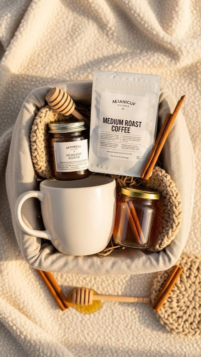 Cozy Hygge-themed coffee gift basket with oversized ceramic mug, honey jar, and knit coaster on cream blanket