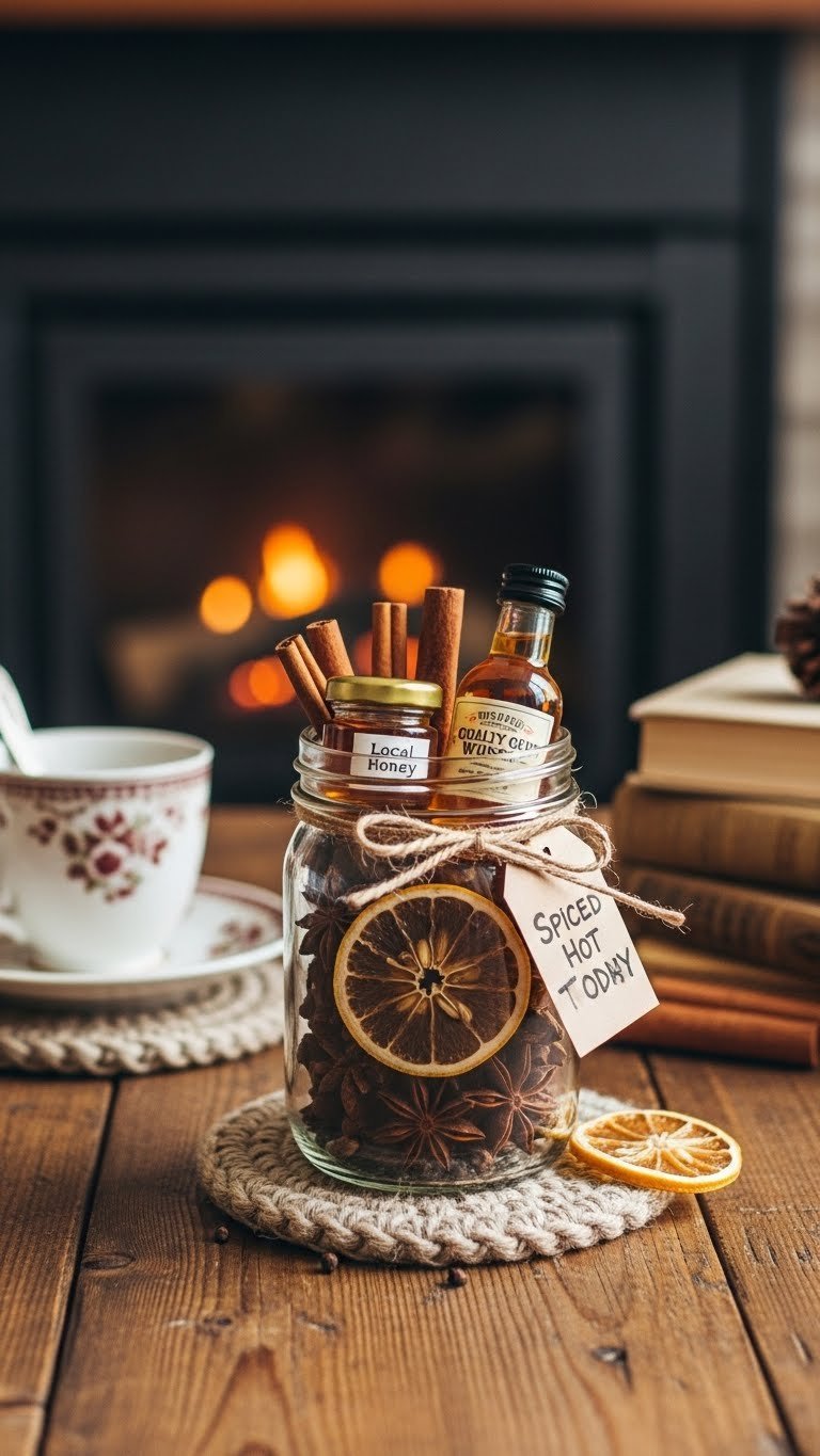 Cozy Spiced Hot Toddy kit in mason jar with whiskey, honey, cinnamon sticks, and star anise on rustic wooden table