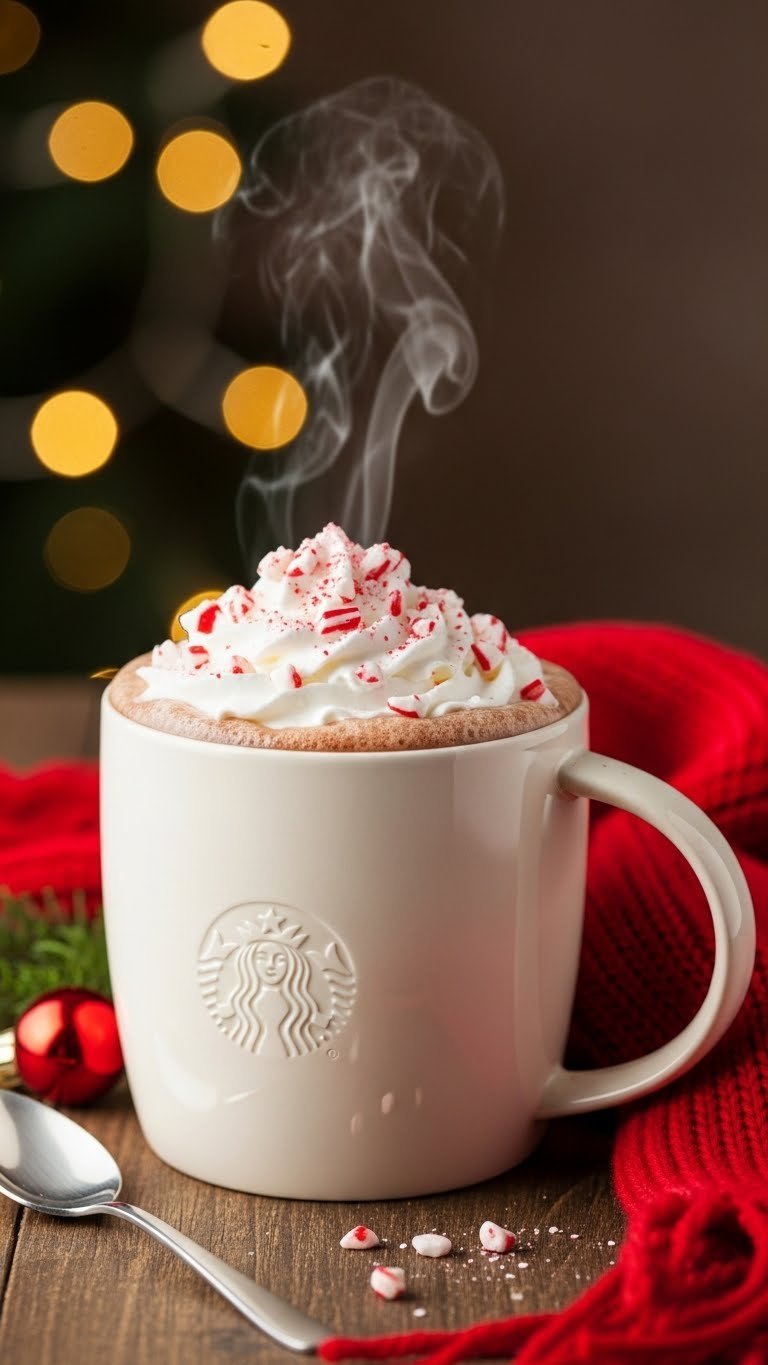 Cozy Starbucks Hot Chocolate with Peppermint topped with whipped cream and crushed peppermint on rustic wooden table