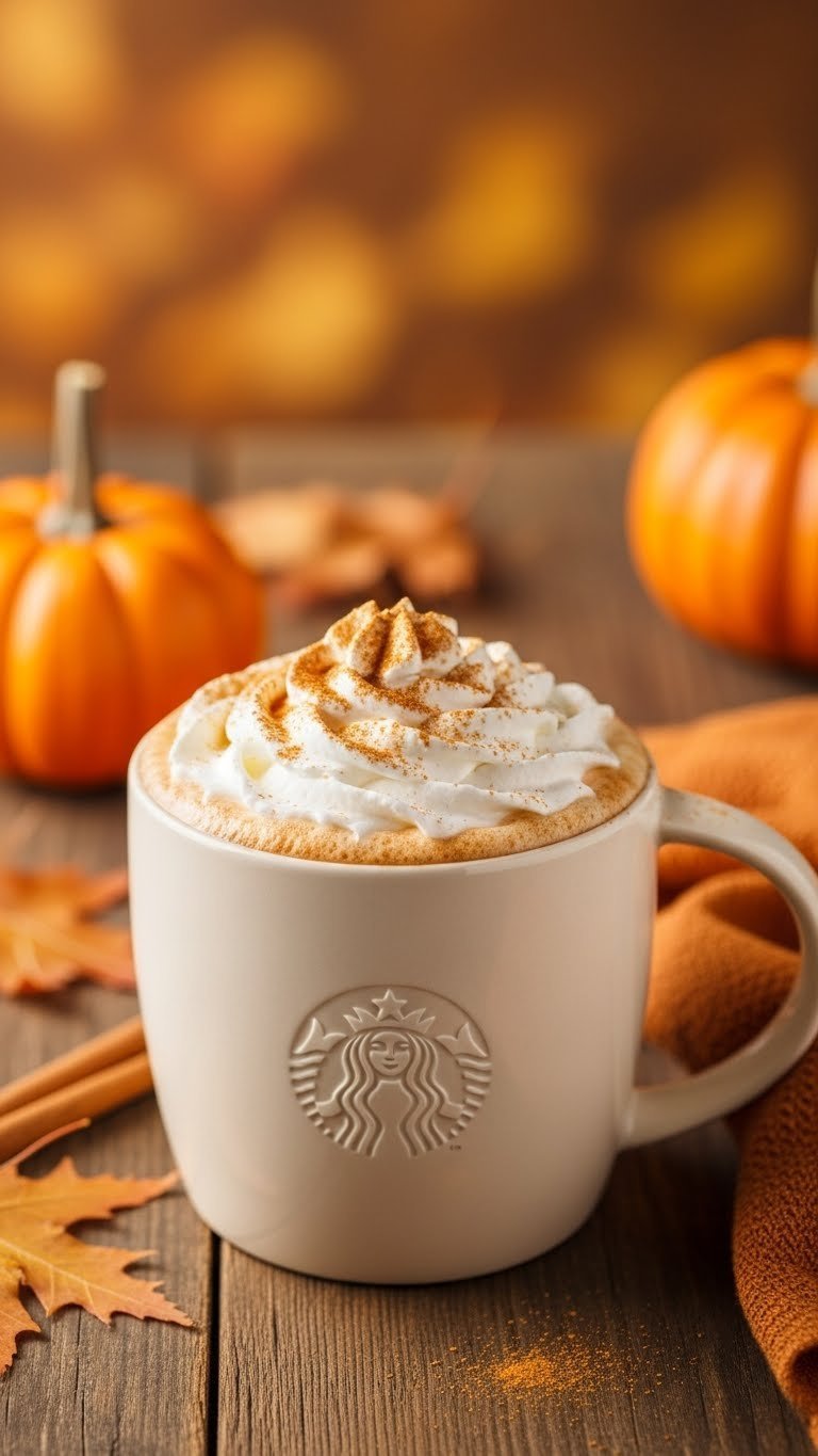 Cozy Starbucks Pumpkin Spice Latte in ceramic mug with whipped cream and spice topping on rustic wooden table