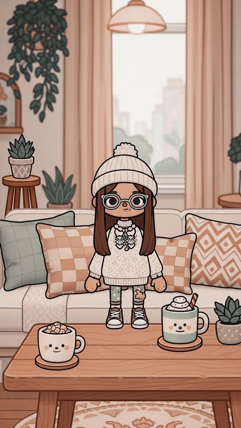 Cozy Toca Boca coffee bar with warm hygge design featuring soft lighting, rustic wooden table, and inviting cafe atmosphere