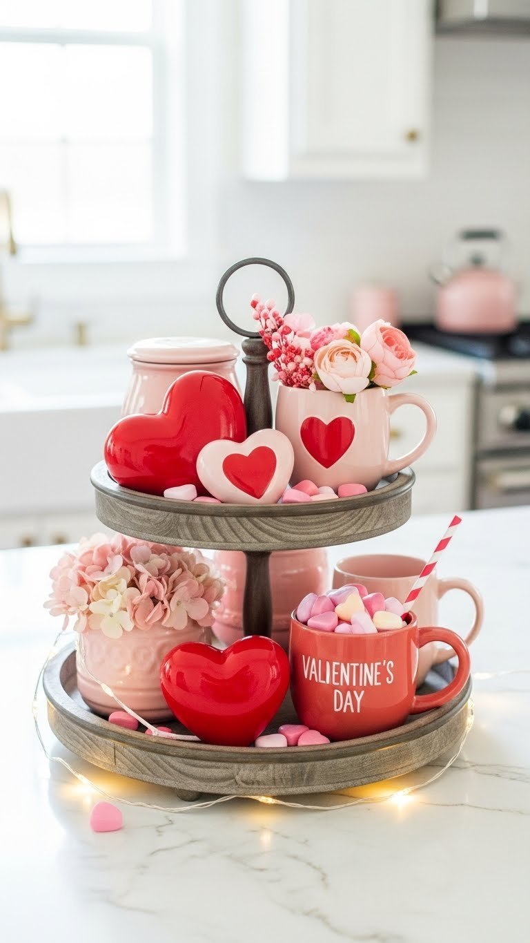 Cozy Valentine's Day coffee bar with pink and red heart-shaped decor arranged on tiered tray against soft bokeh kitchen background