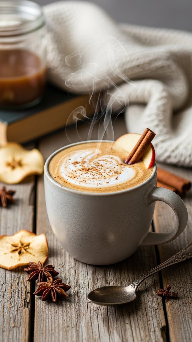Cozy apple cider chai in rustic ceramic mug with frothed milk and cinnamon dusting