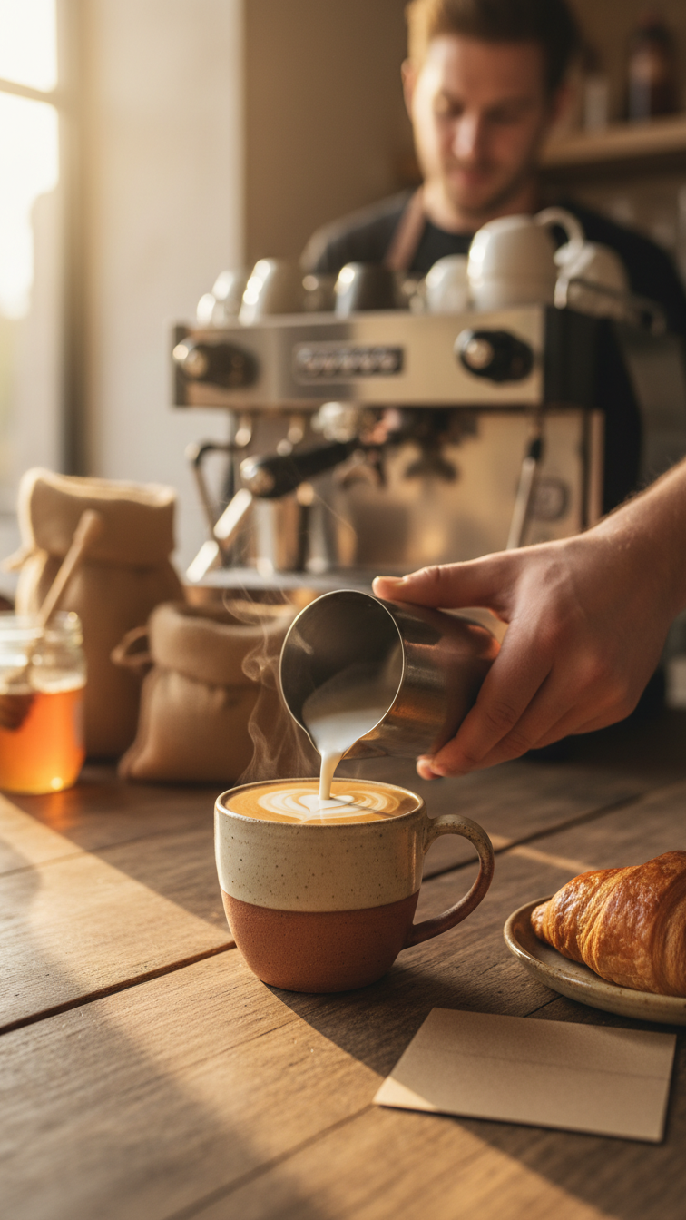Cozy artisan coffee bar with barista pouring latte art into ceramic mug on rustic wooden table