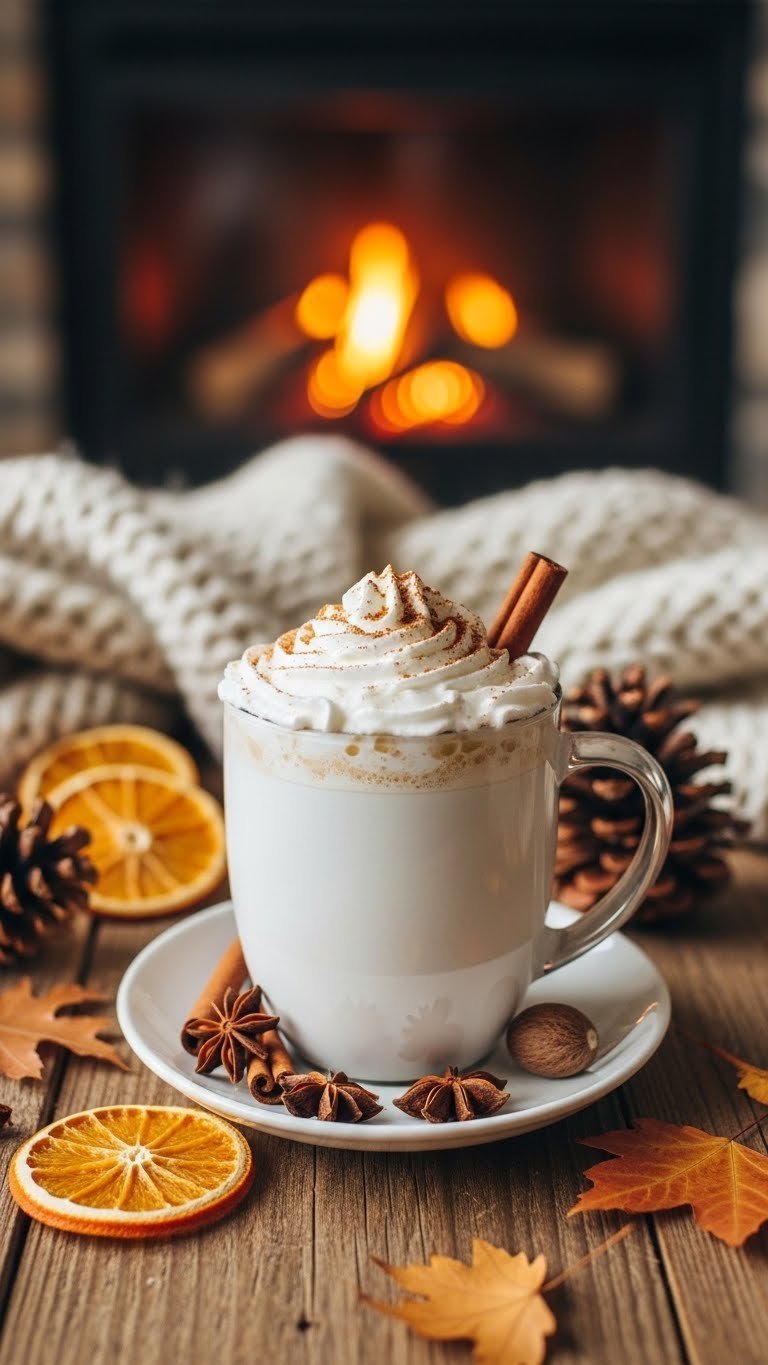 Cozy autumn spice latte in rustic mug with whipped cream, cinnamon stick, and nutmeg on wooden table with fireplace background