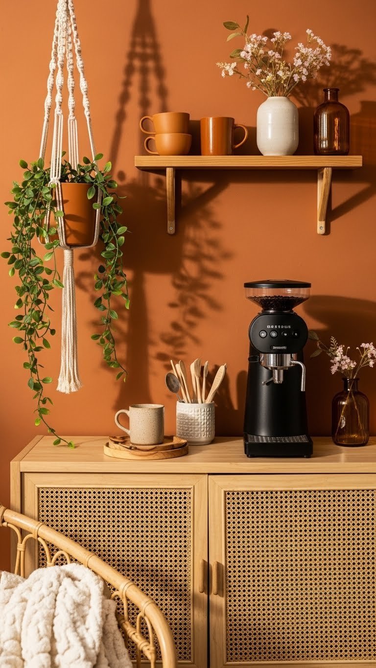 Cozy avocado green 70s coffee bar nook with rattan furniture and earthy ceramic accessories in warm tones.