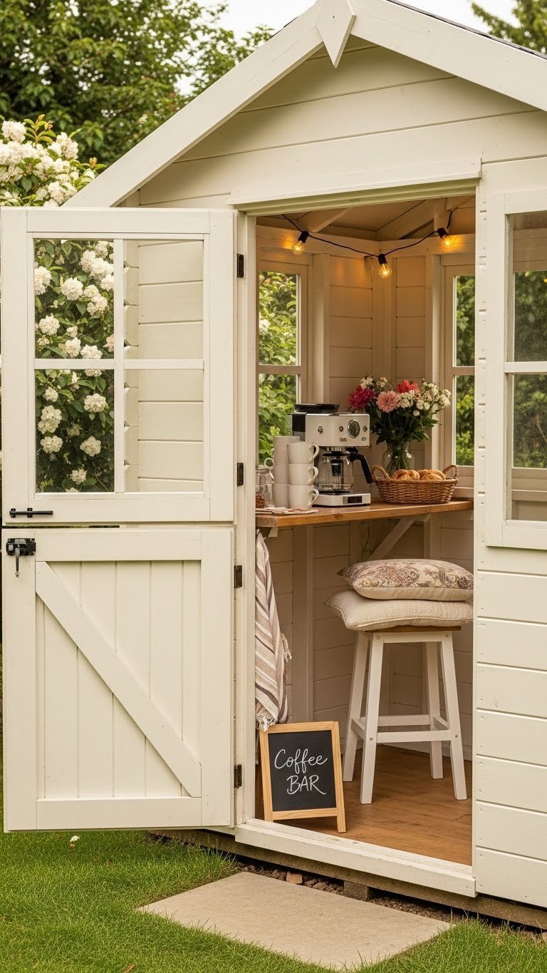 Cozy backyard coffee bar converted from garden shed with vintage coffee maker and fairy lights in warm interior setting.