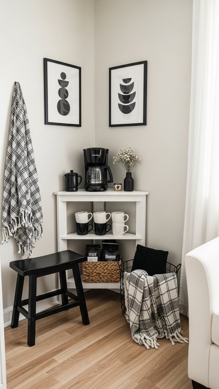 Cozy black and white corner coffee nook with drip coffee maker and monochrome mugs in room corner setup
