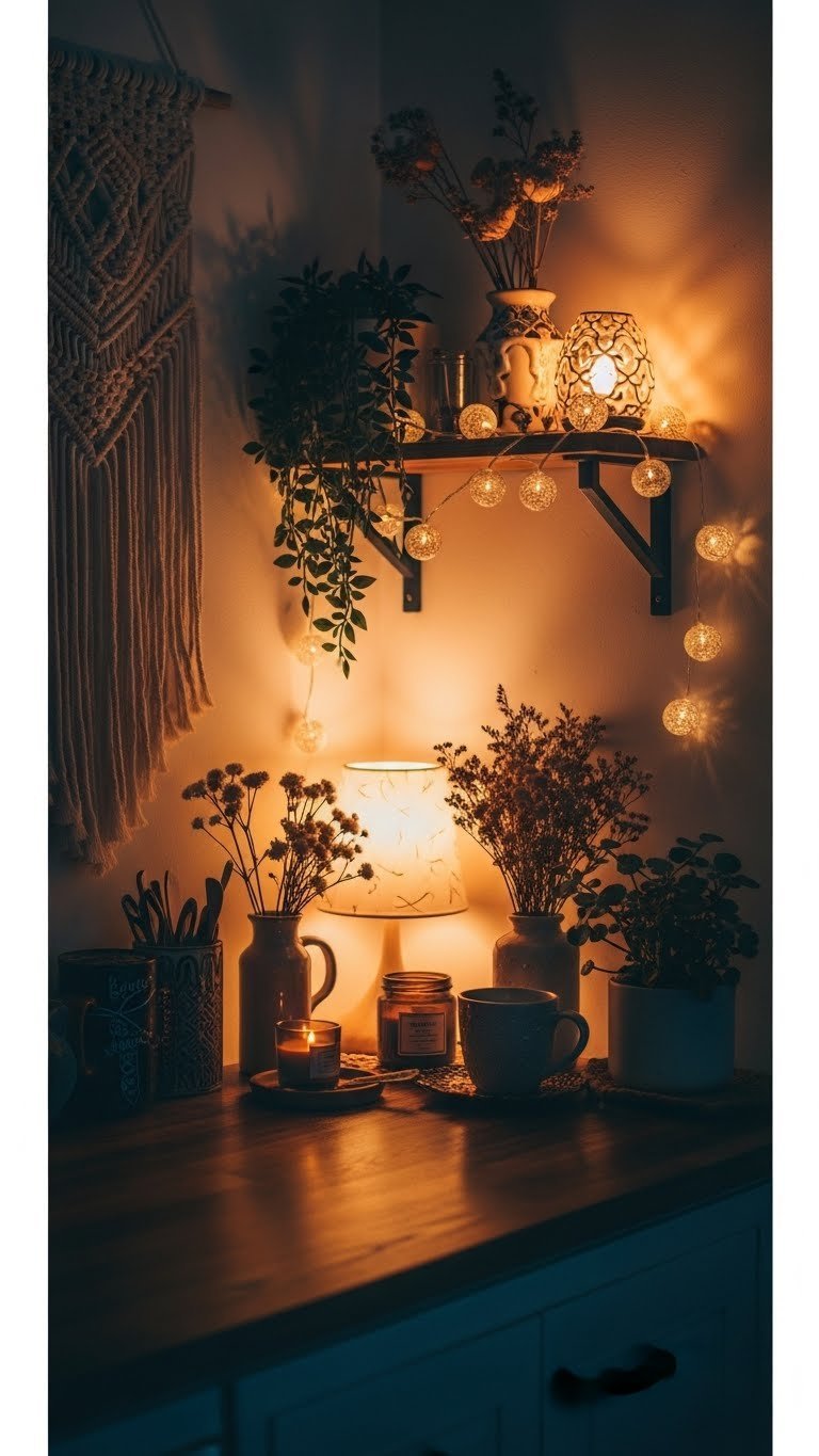 Cozy boho coffee nook with warm string lights and decorative lamp creating inviting atmosphere