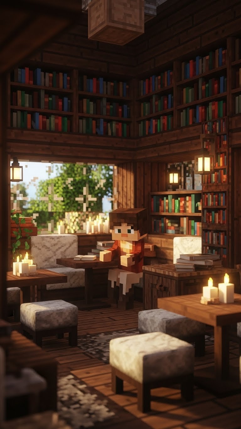 Cozy book nook cafe in Minecraft with extensive wooden bookshelves, warm lantern lighting, and comfortable reading spots