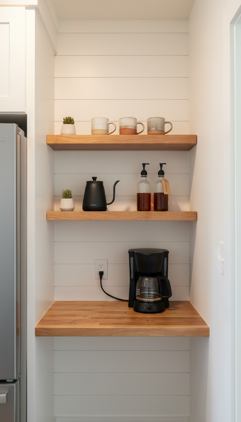Cozy built-in coffee station in kitchen alcove with wooden countertop, shiplap wall, and floating shelves