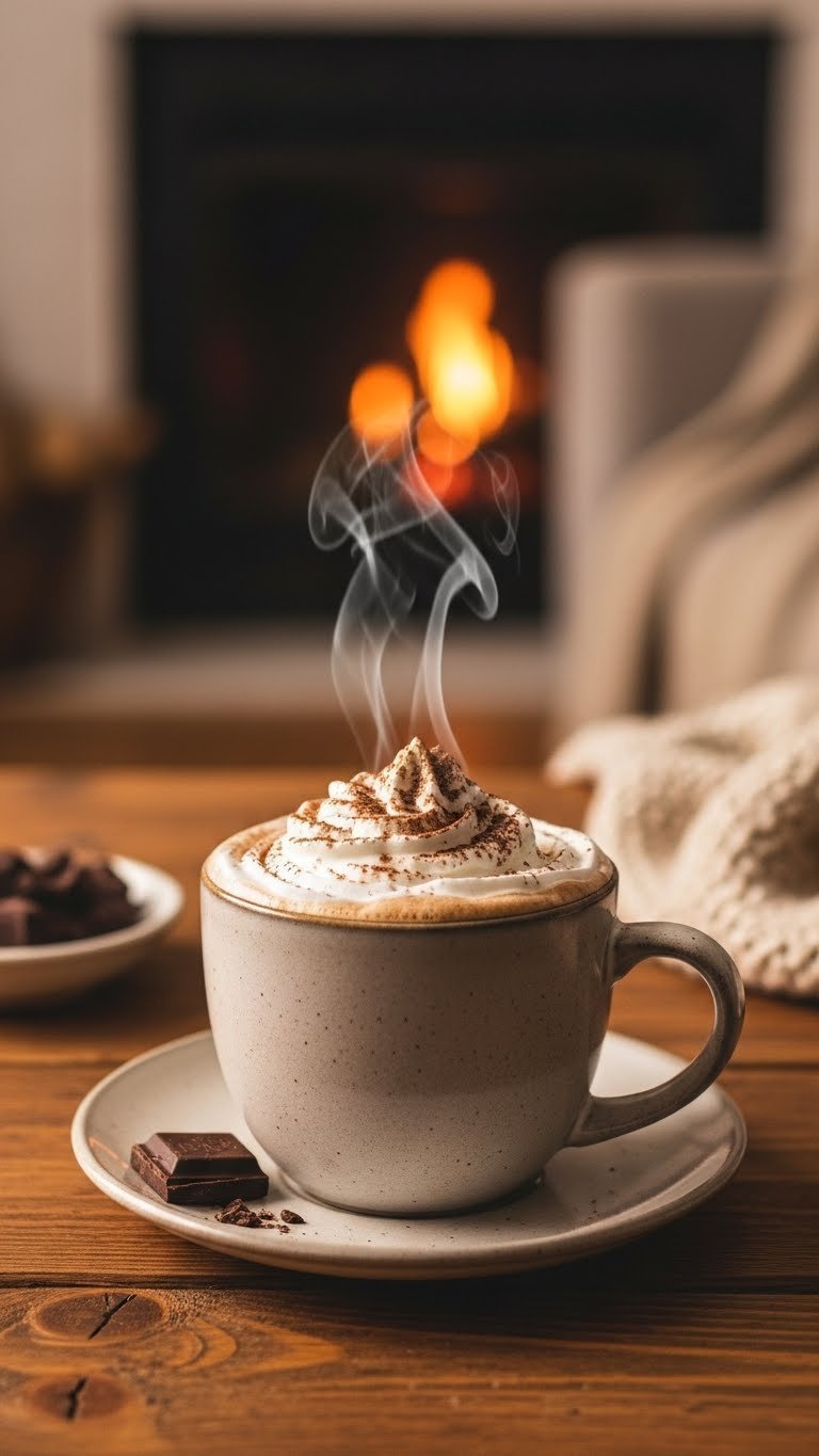 Cozy ceramic mug filled with rich mocha topped with whipped cream and cocoa powder