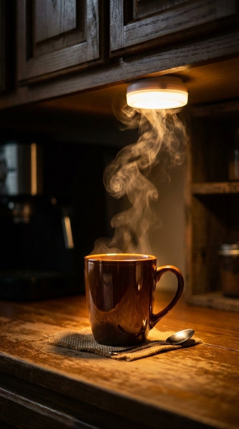 Cozy coffee bar illuminated by battery-operated puck light shining on steaming mug in dark setting