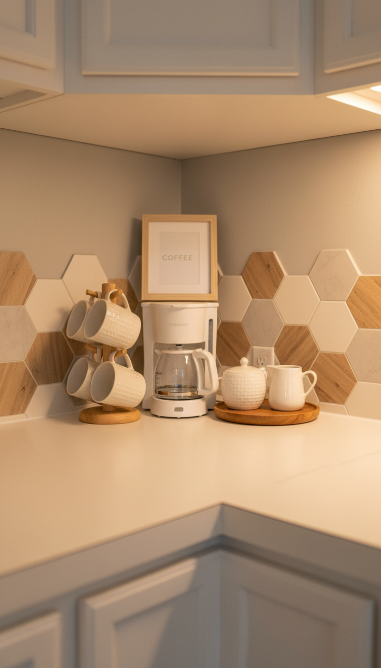 Cozy coffee nook with white single-serve coffee maker, mug tree, and wooden tray in kitchen corner