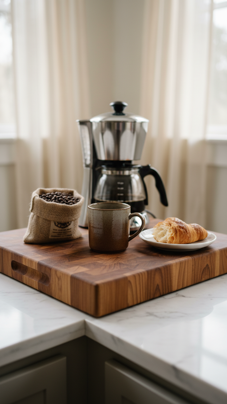 Cozy coffee station with vintage chrome drip coffee maker on acacia wood cutting board