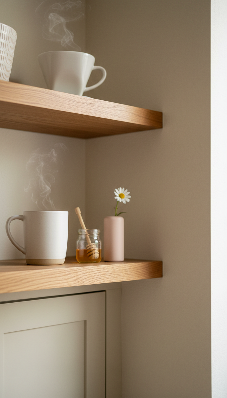 Cozy corner coffee bar with warm wood floating shelves in kitchen corner, showcasing pour-over dripper and steaming ceramic mug