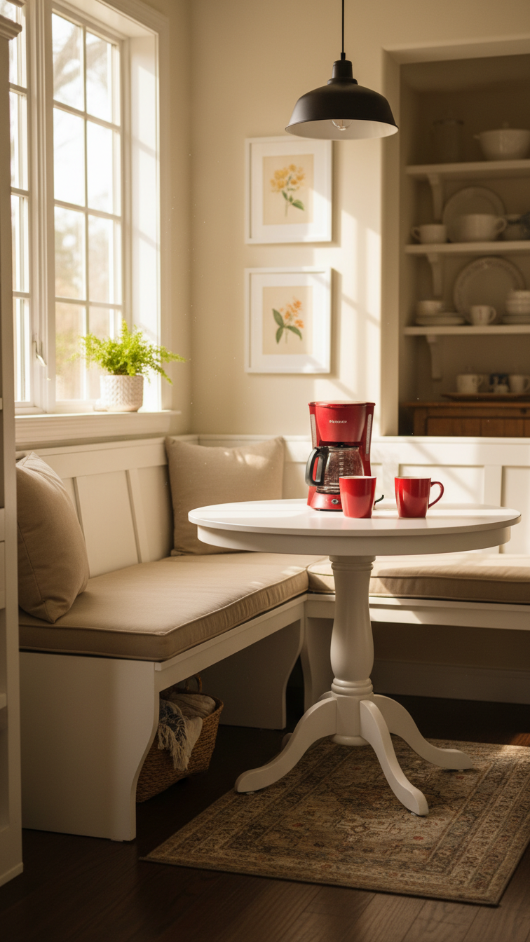 Cozy farmhouse breakfast nook with white corner bench, red coffee maker, and plush cushions