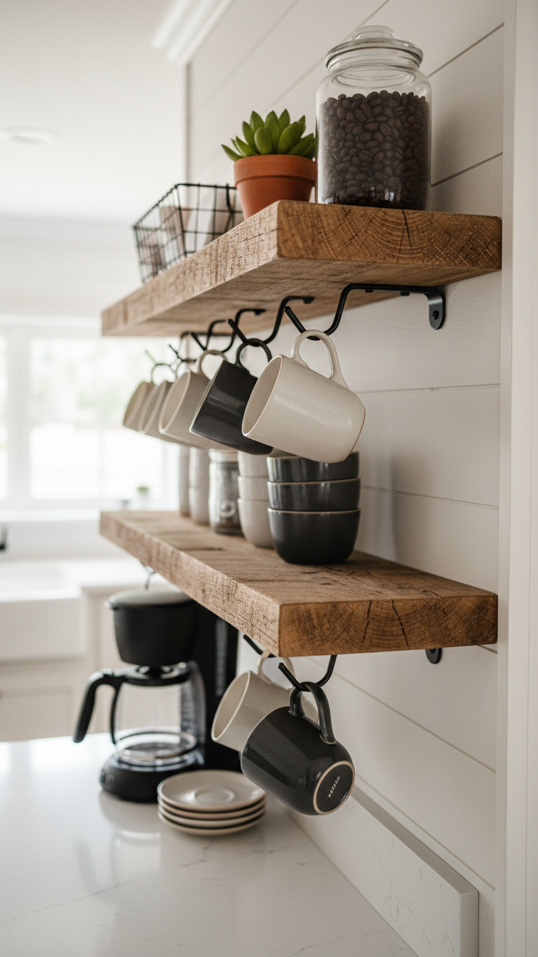Cozy farmhouse coffee bar with reclaimed wood floating shelves on white shiplap wall featuring vintage coffee maker and ceramic mugs