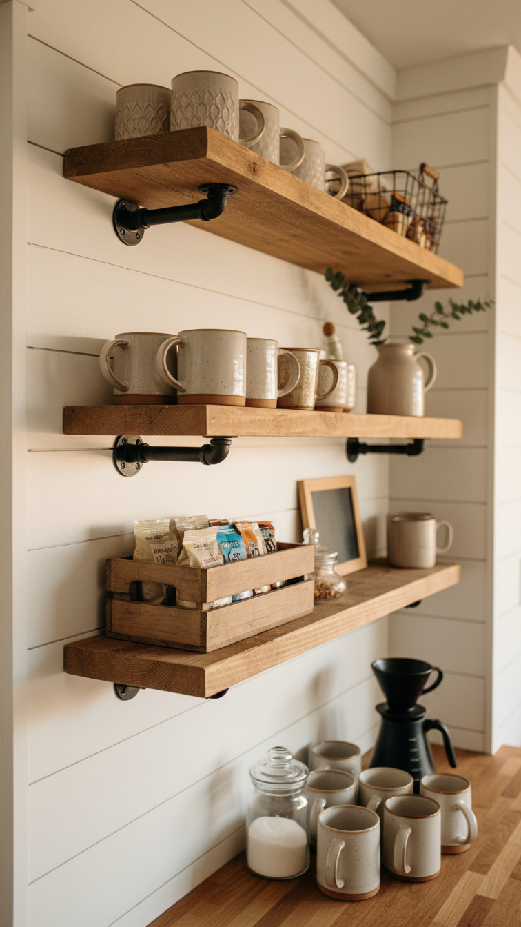 Cozy farmhouse coffee bar with rustic wood shelves and industrial pipe brackets holding charming mug collection