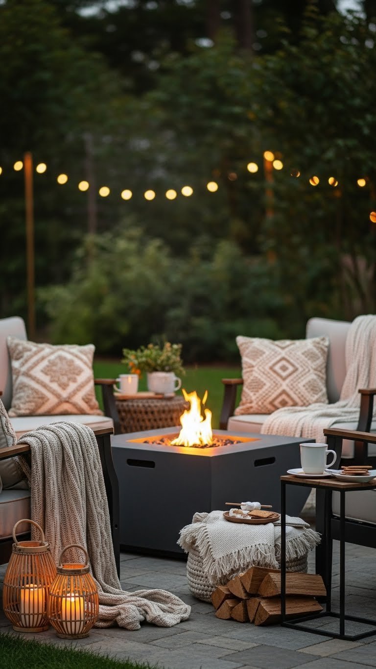 Cozy fire pit coffee lounge with modern fire pit, plush armchairs, blankets, and steaming mugs on stone patio