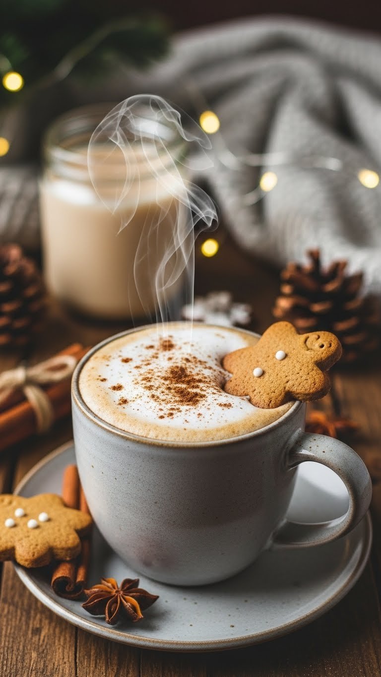 Cozy gingerbread latte in ceramic mug with gingerbread cookie, cinnamon and nutmeg spices on rustic wooden table