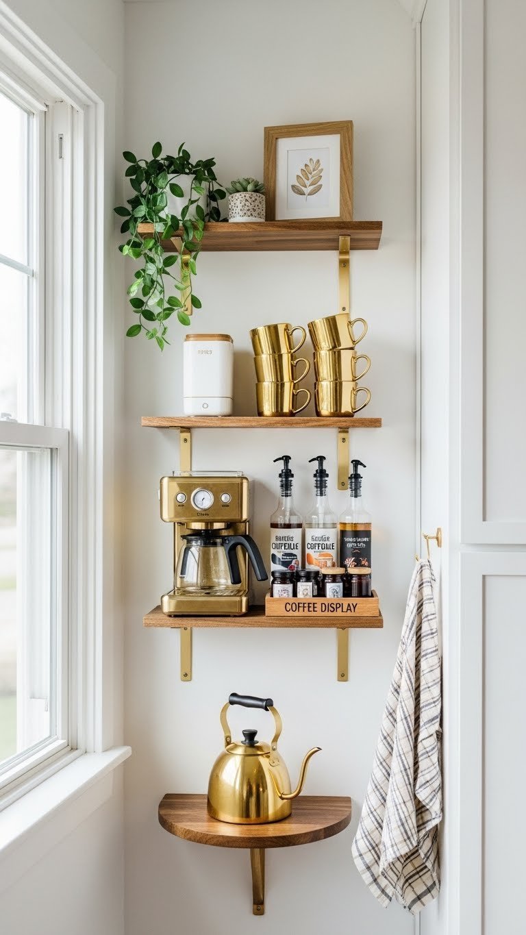 Cozy gold coffee nook with floating shelves, gold coffee maker, and coffee syrups against white wall with natural light